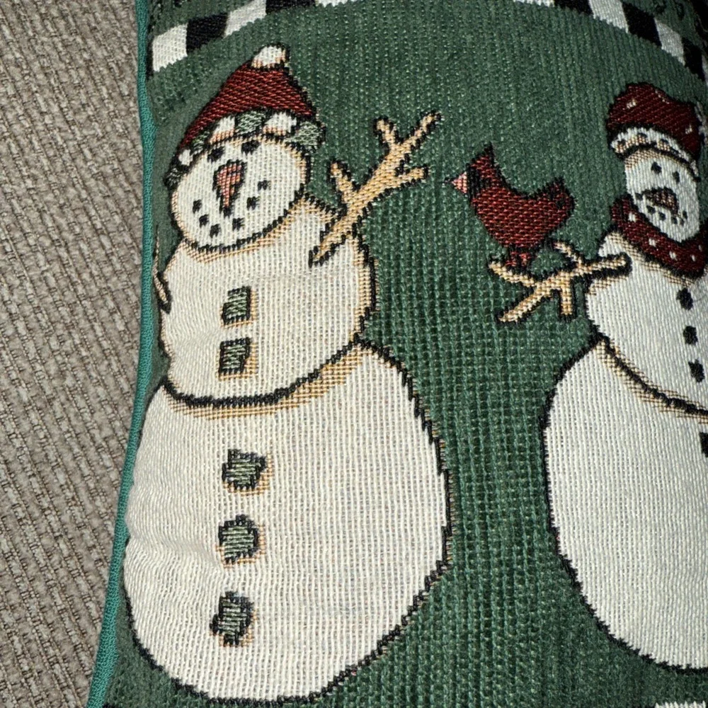 Decorative Small Snowman Accent Pillow Tapestry Holiday Design W Velvet Back